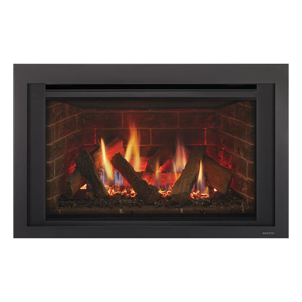 Majestic gas fireplace with black frame and glass front showing burning logs