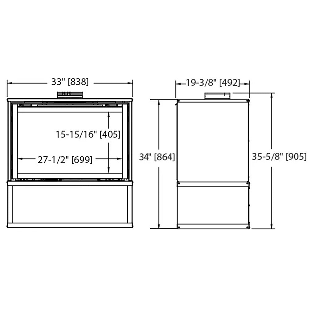 Gas fireplace dimensions diagram with front and side measurement outlines