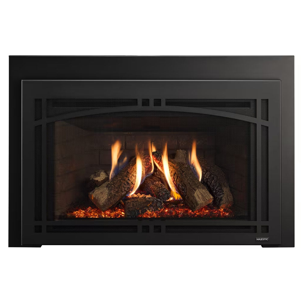 Black direct vent gas fireplace with glowing flames and firebox glass frame.