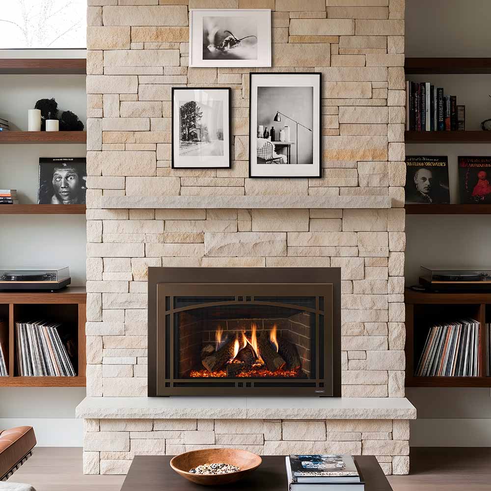 Black direct vent gas fireplace insert with burning logs in a wall opening.