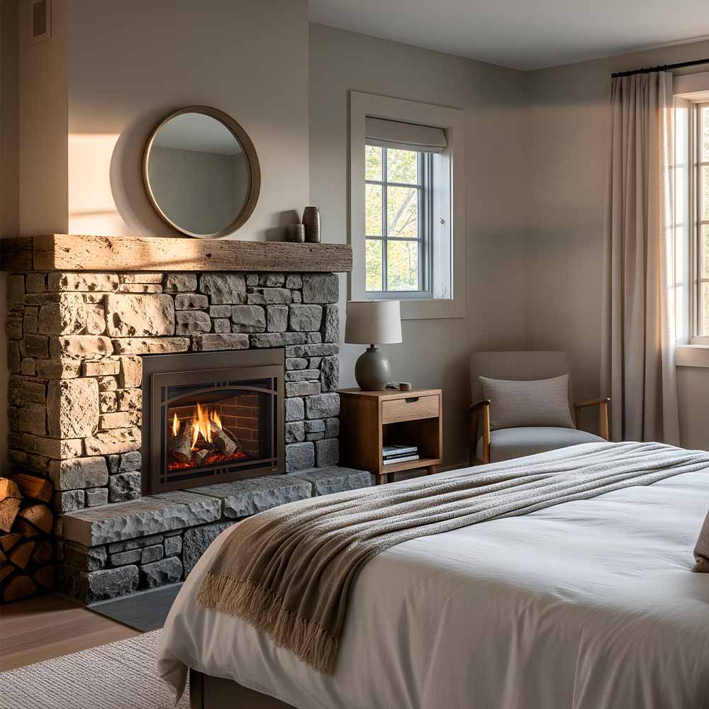 Black direct vent gas fireplace insert with flames and decorative stone surround.
