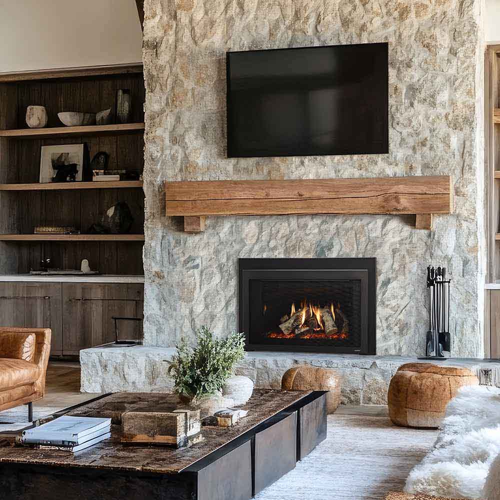 Black direct vent gas fireplace insert with visible flames inside the glass front.