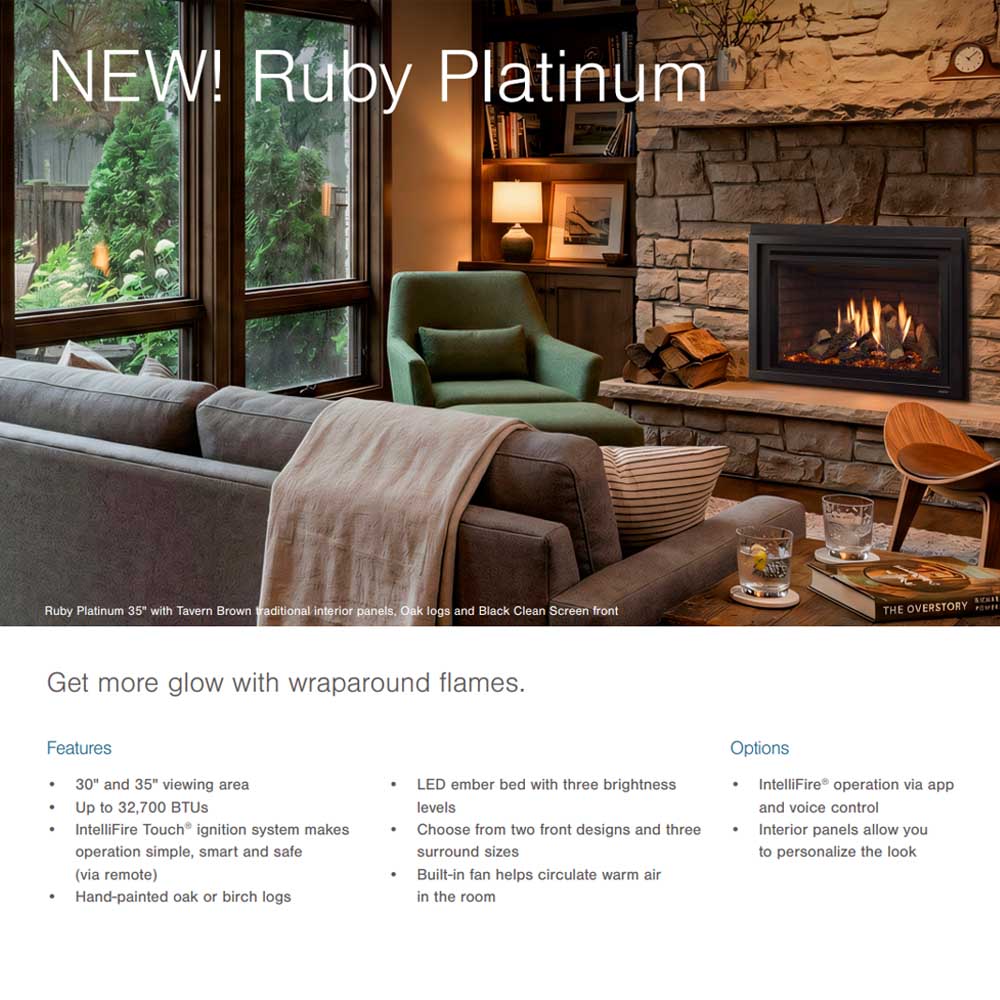Gas fireplace insert in a living room with black frame and burning logs