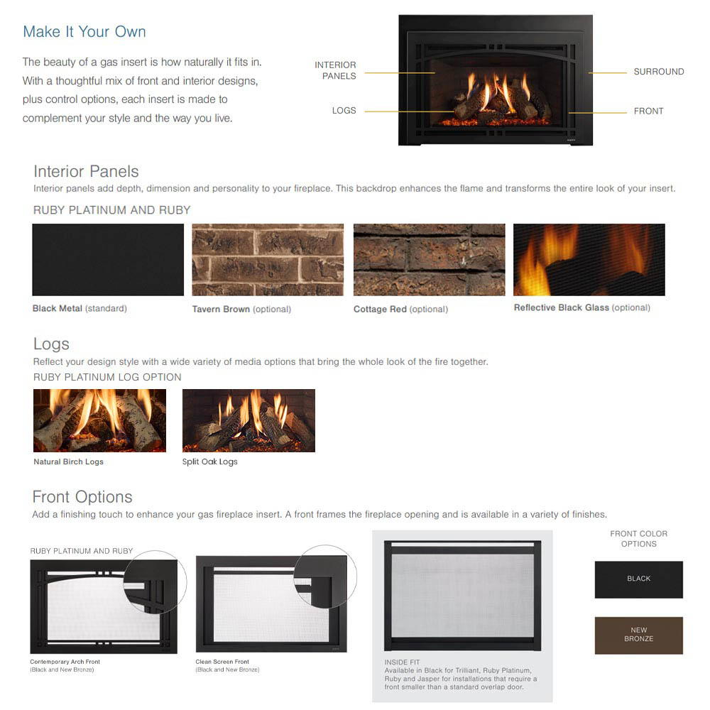 Gas fireplace insert make-your-own graphic with interior panels and log options