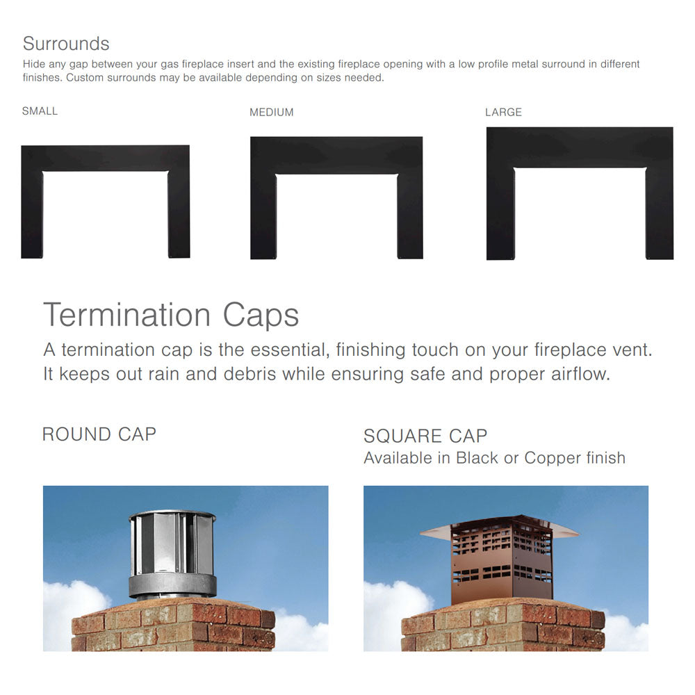 Diagram showing vent termination caps: round and square cap options.
