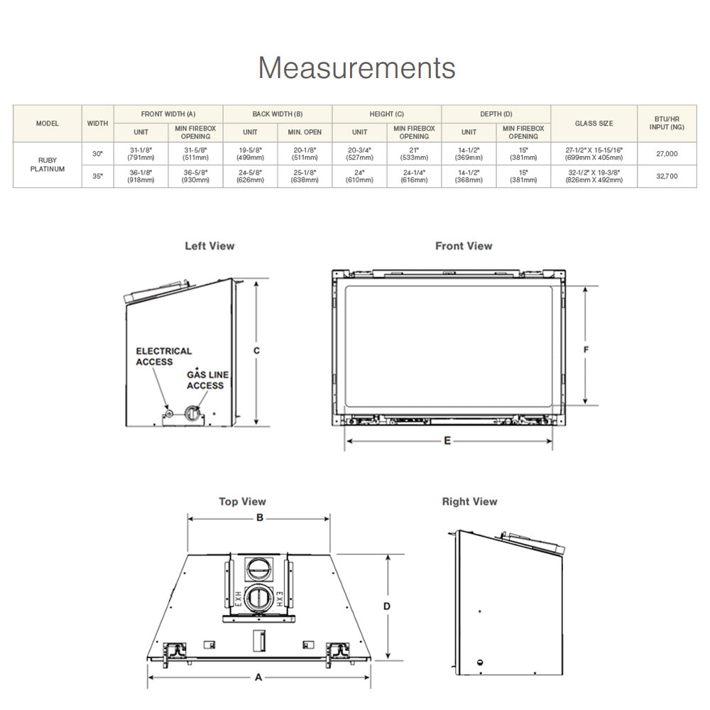 Gas fireplace insert measurements diagram with width, height, and depth views