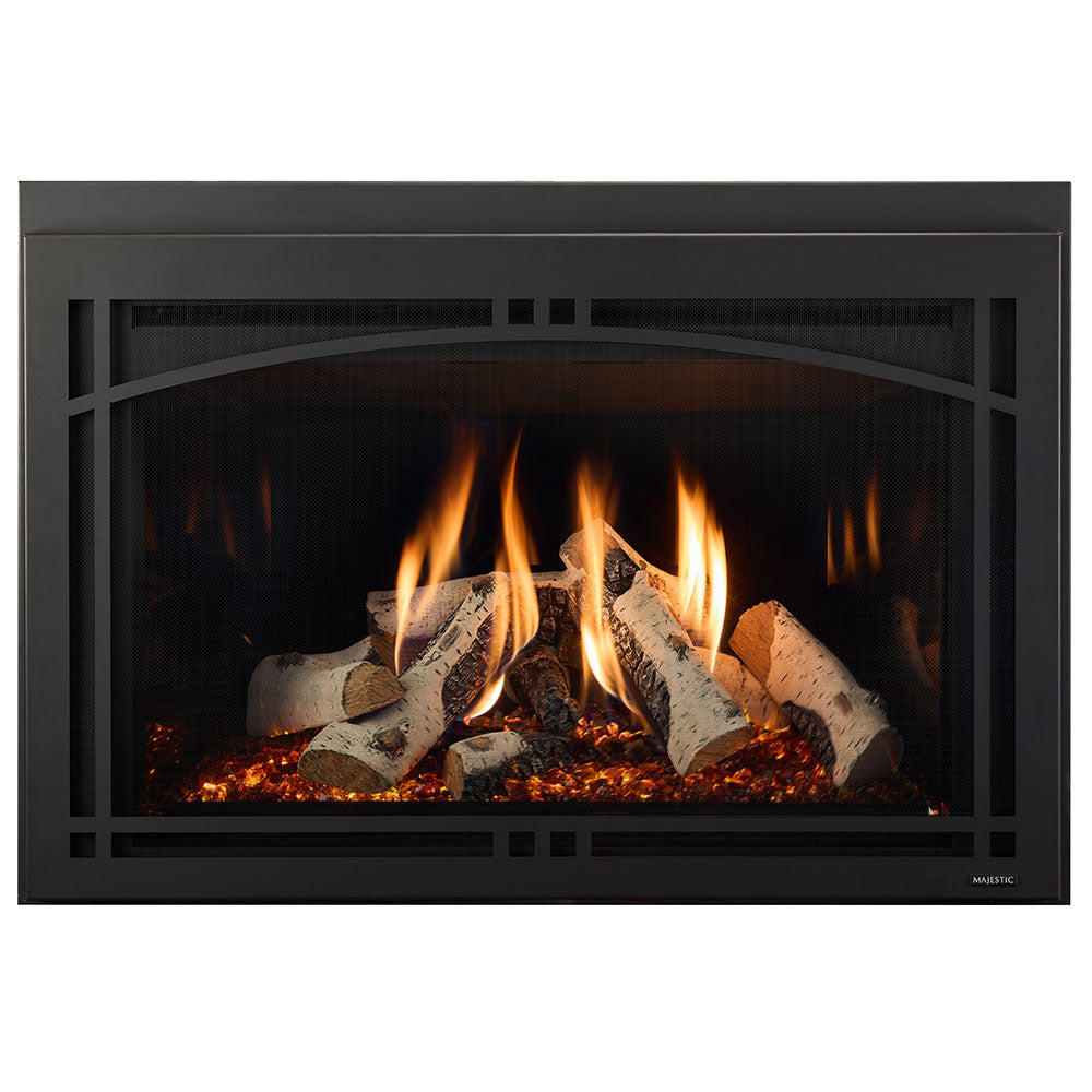Direct vent gas fireplace insert with black surround and blazing wood logs