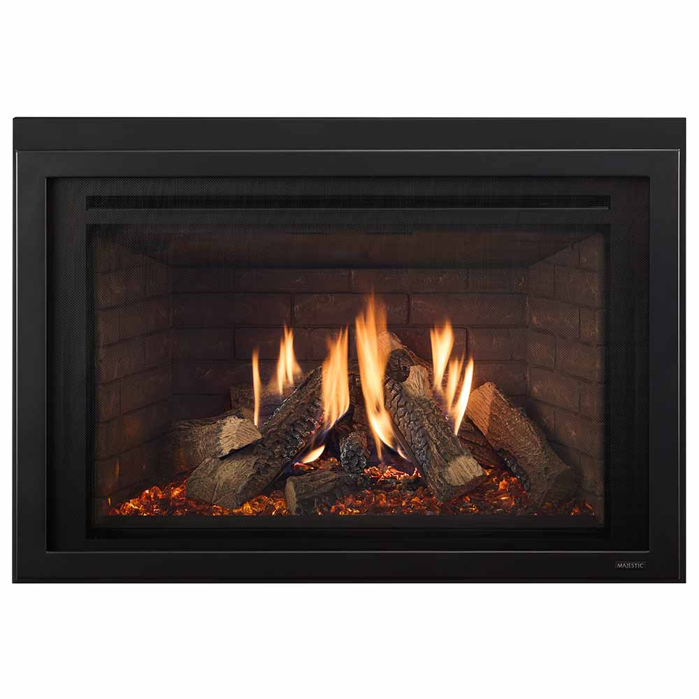 Black direct vent gas fireplace insert with flame-lit logs behind glass