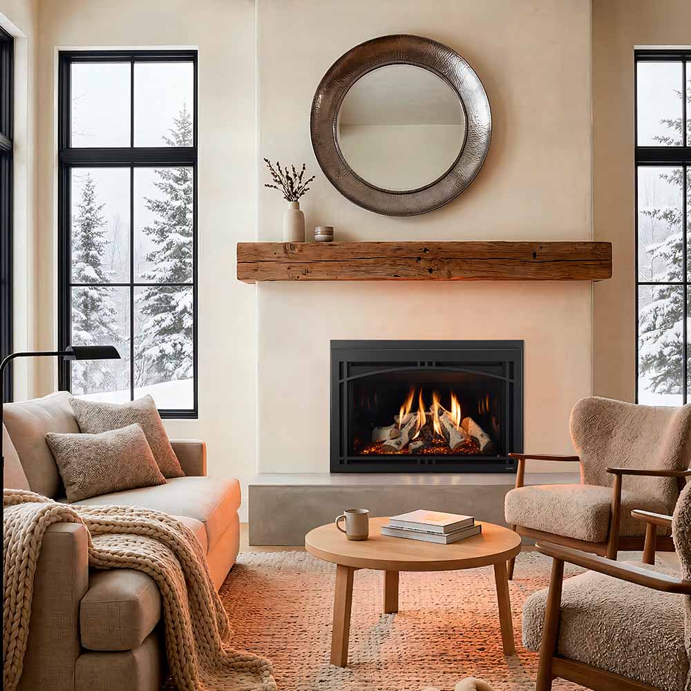 Black gas fireplace insert with burning logs visible through the glass front