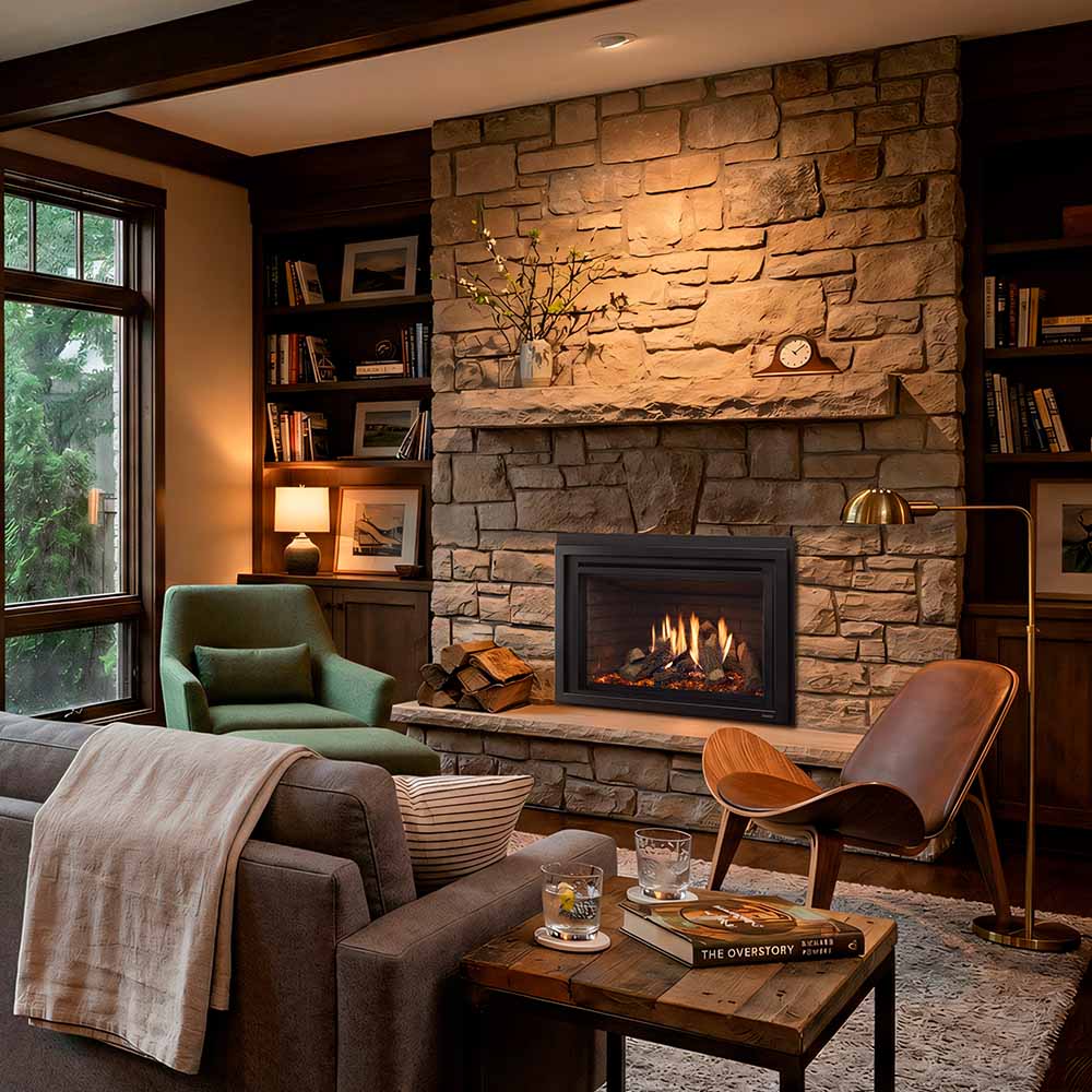 Black gas fireplace insert built into a stone wall with flames and log bed
