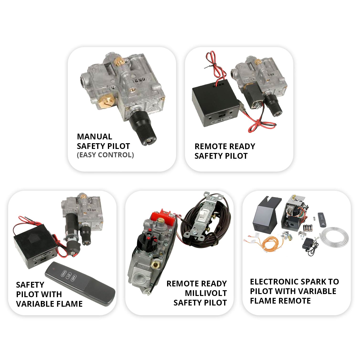 Gas safety pilot kit components with valves, igniter parts, and wiring