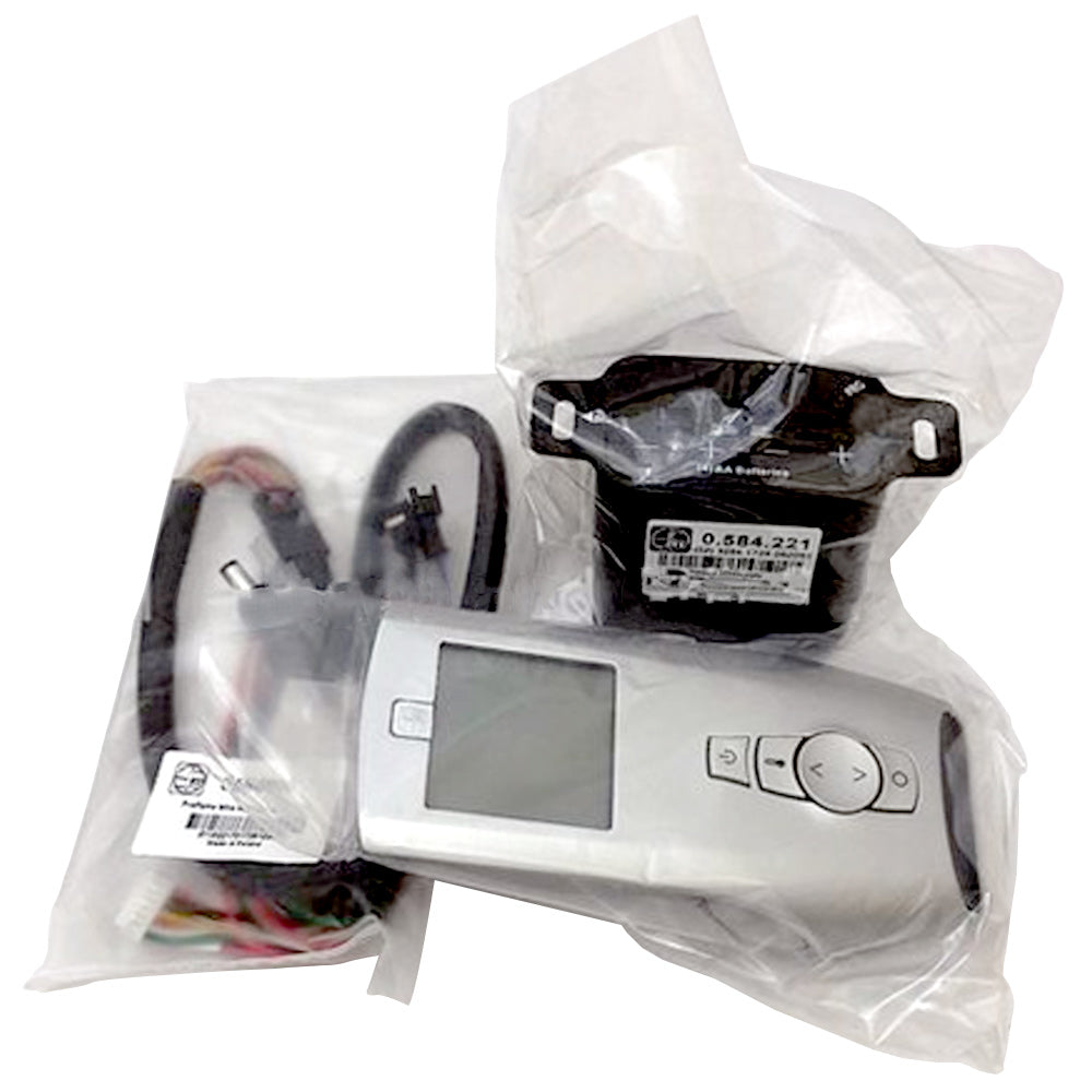 White remote control for variable flame with LCD screen and buttons, in protective bag