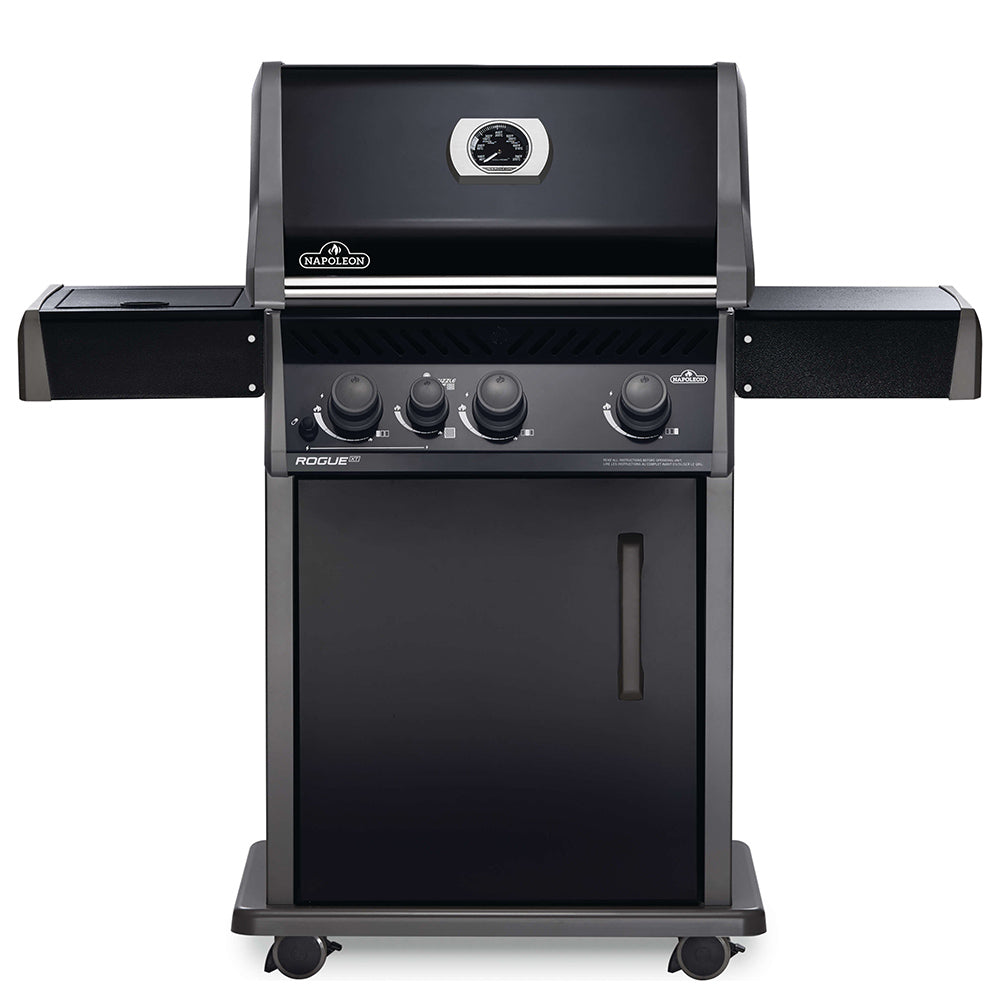 Black gas grill on cart with closed lid and control knobs