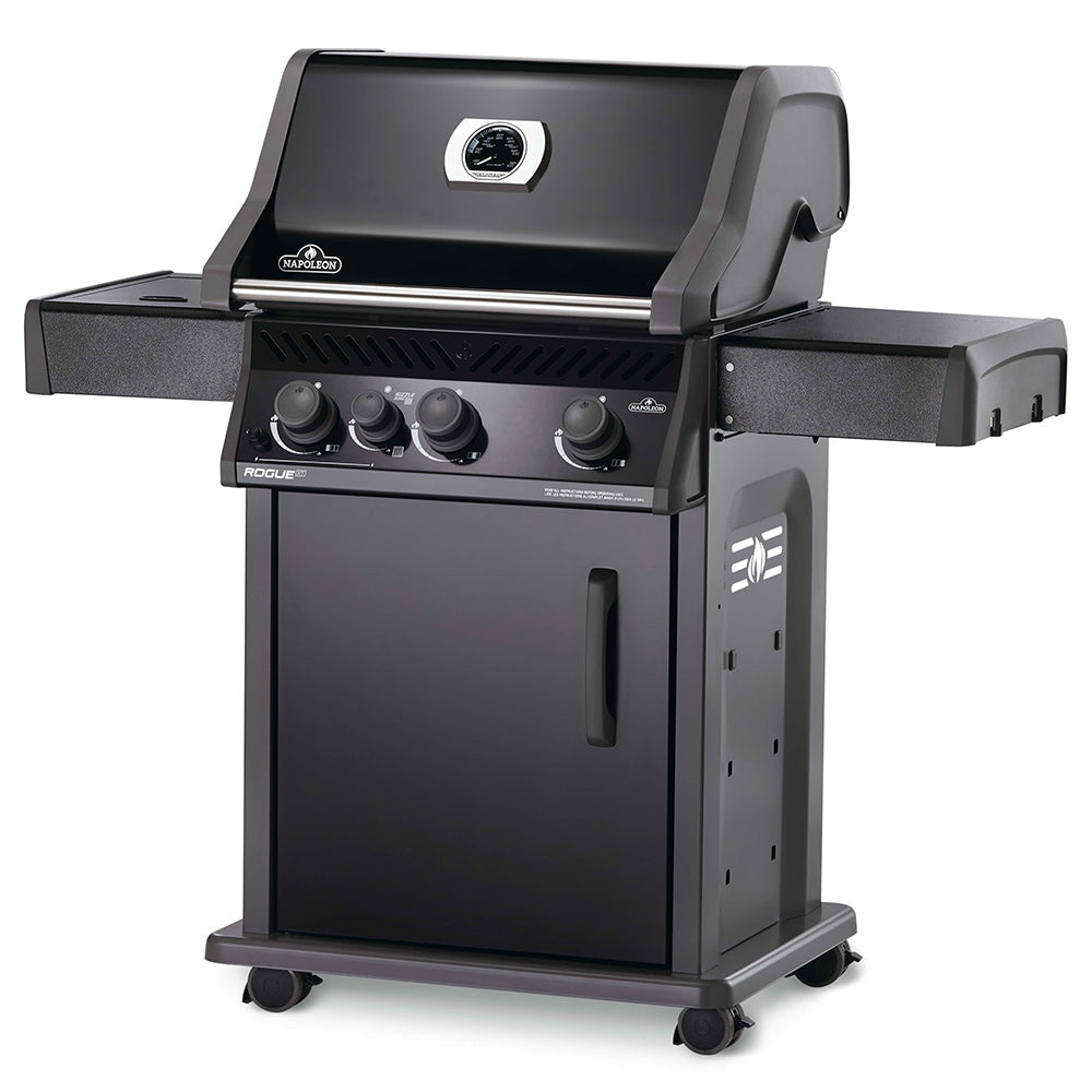 Black gas grill on cart with side shelves and front control panel