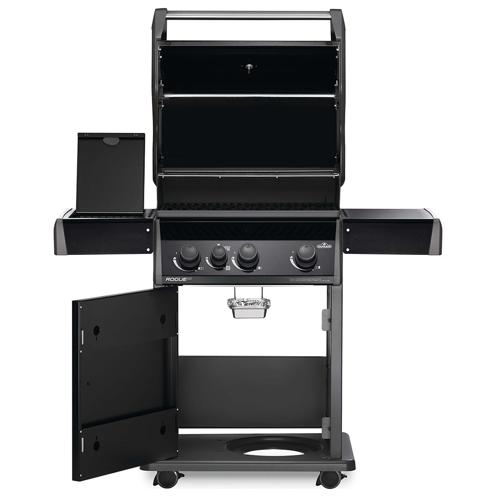 Black gas grill with open lid, visible grill chamber and side panels