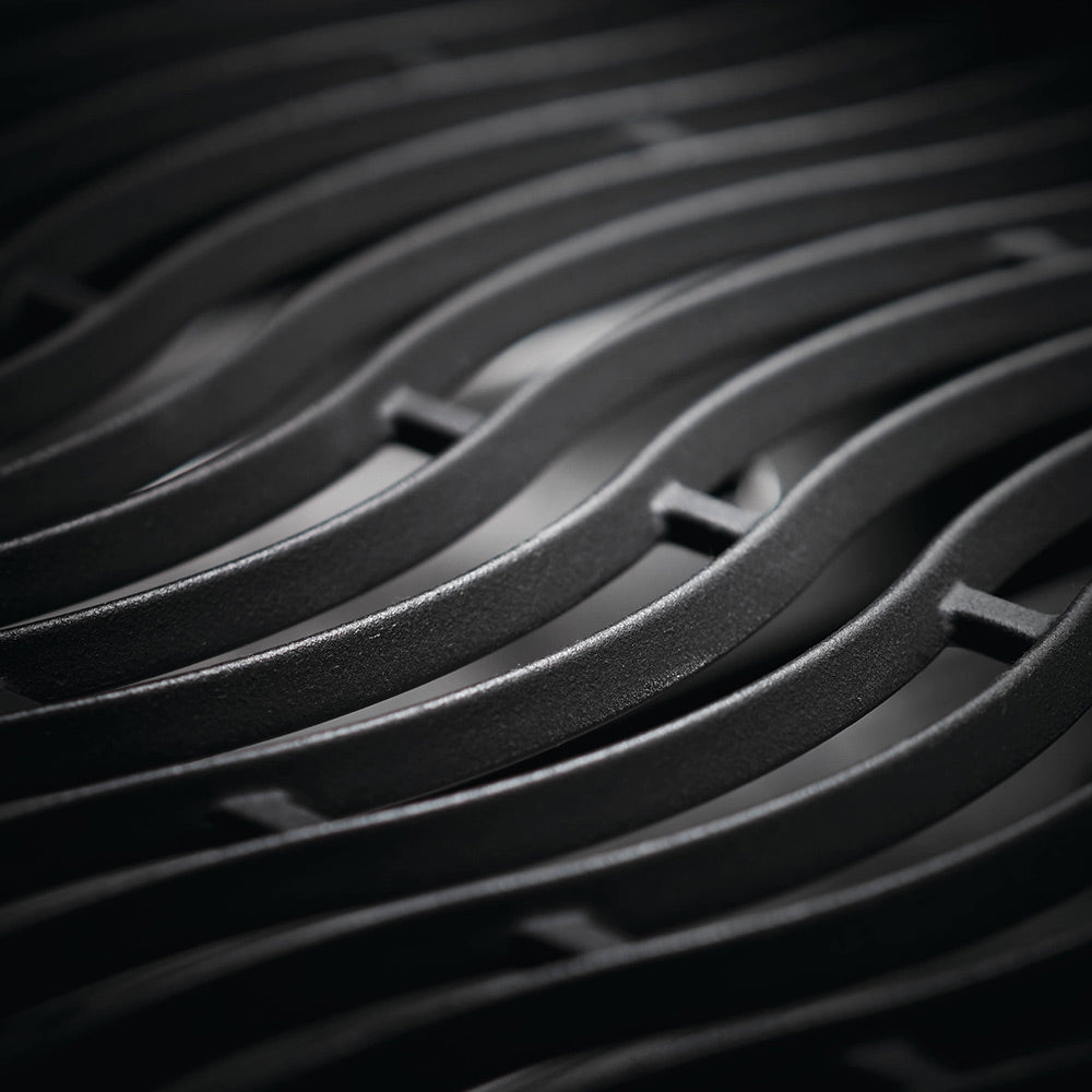 Close-up of black grill grates with parallel ridges