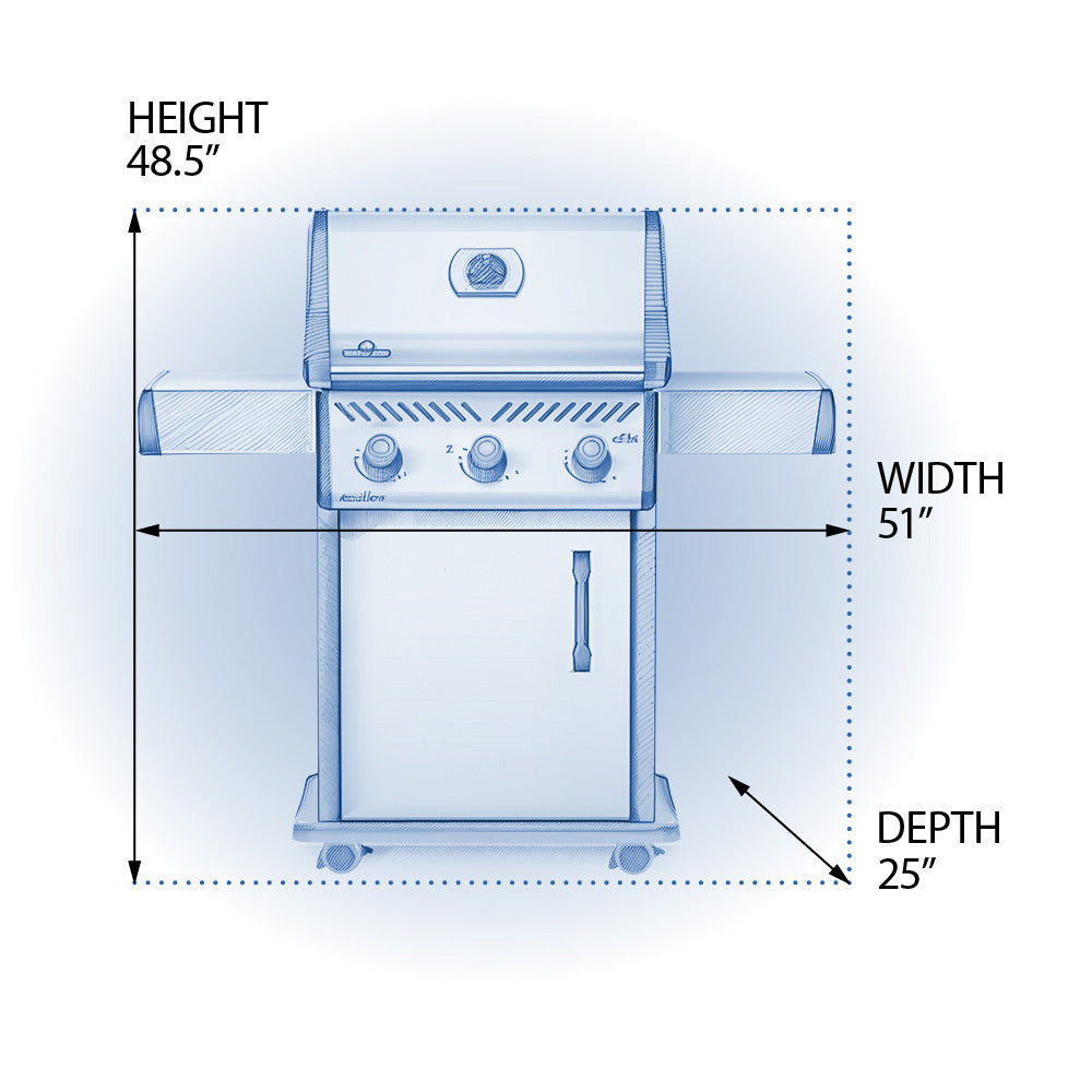 Gas grill dimensions diagram: height 48.5 in, width 51 in, depth 25 in