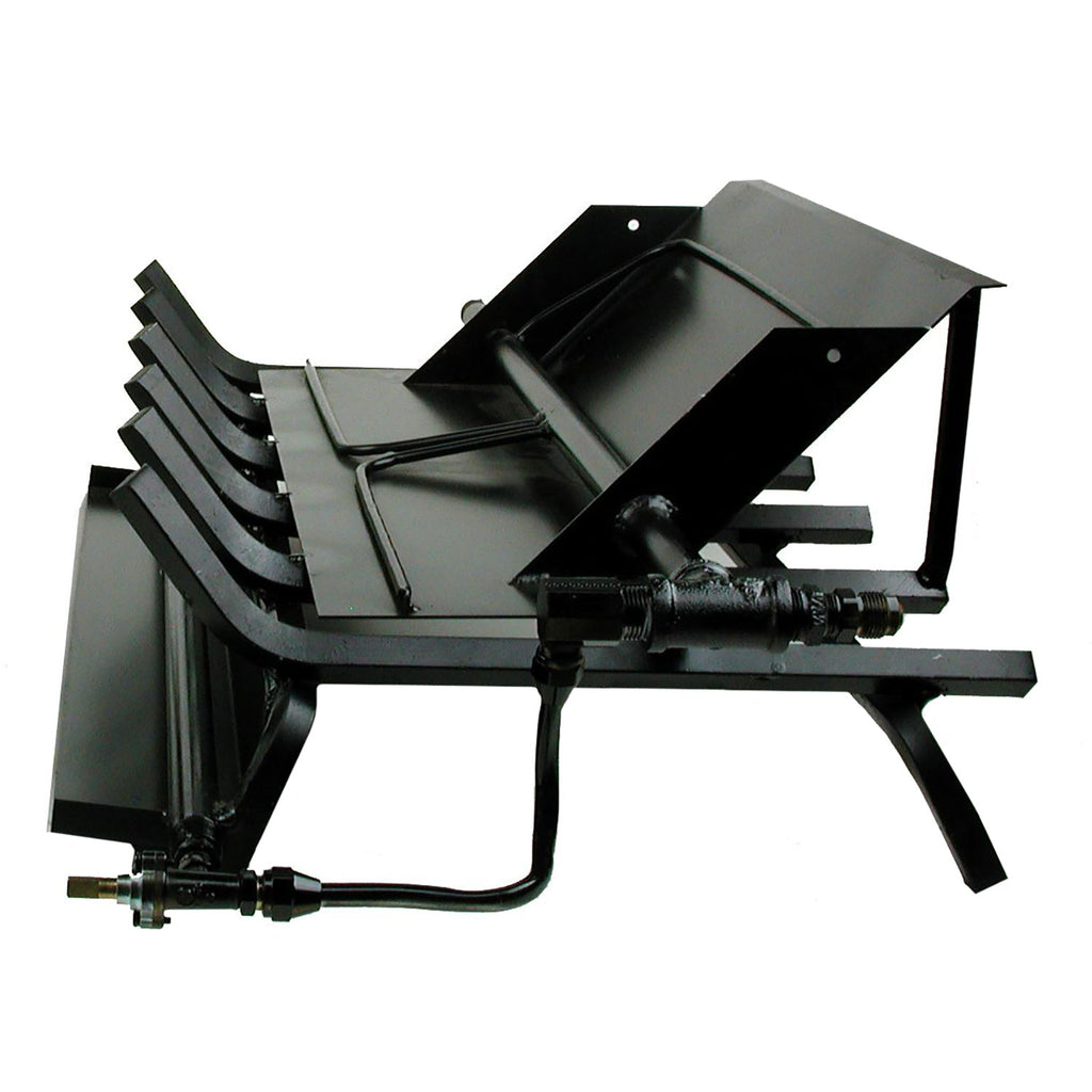 Multi-burner grate kit with black burner assembly and grate panels, side view