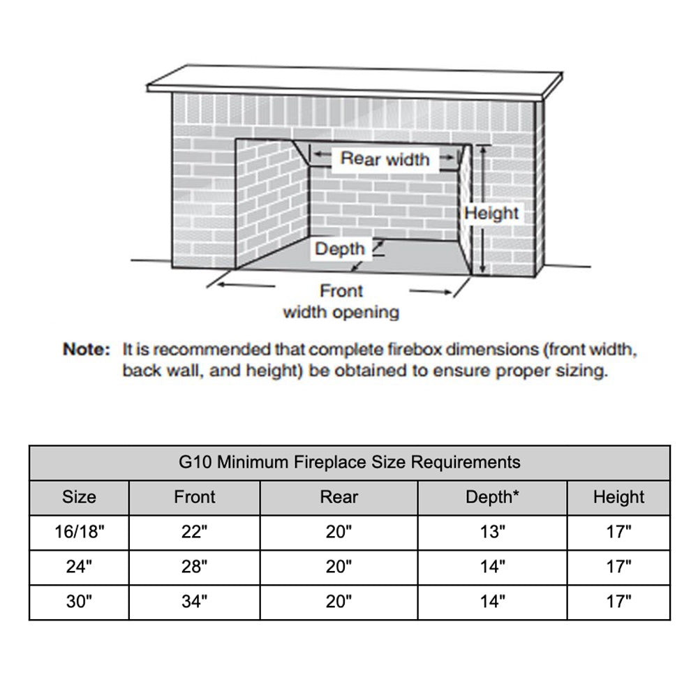 Fireplace opening size requirement diagram with front, rear, depth, and height dimensions