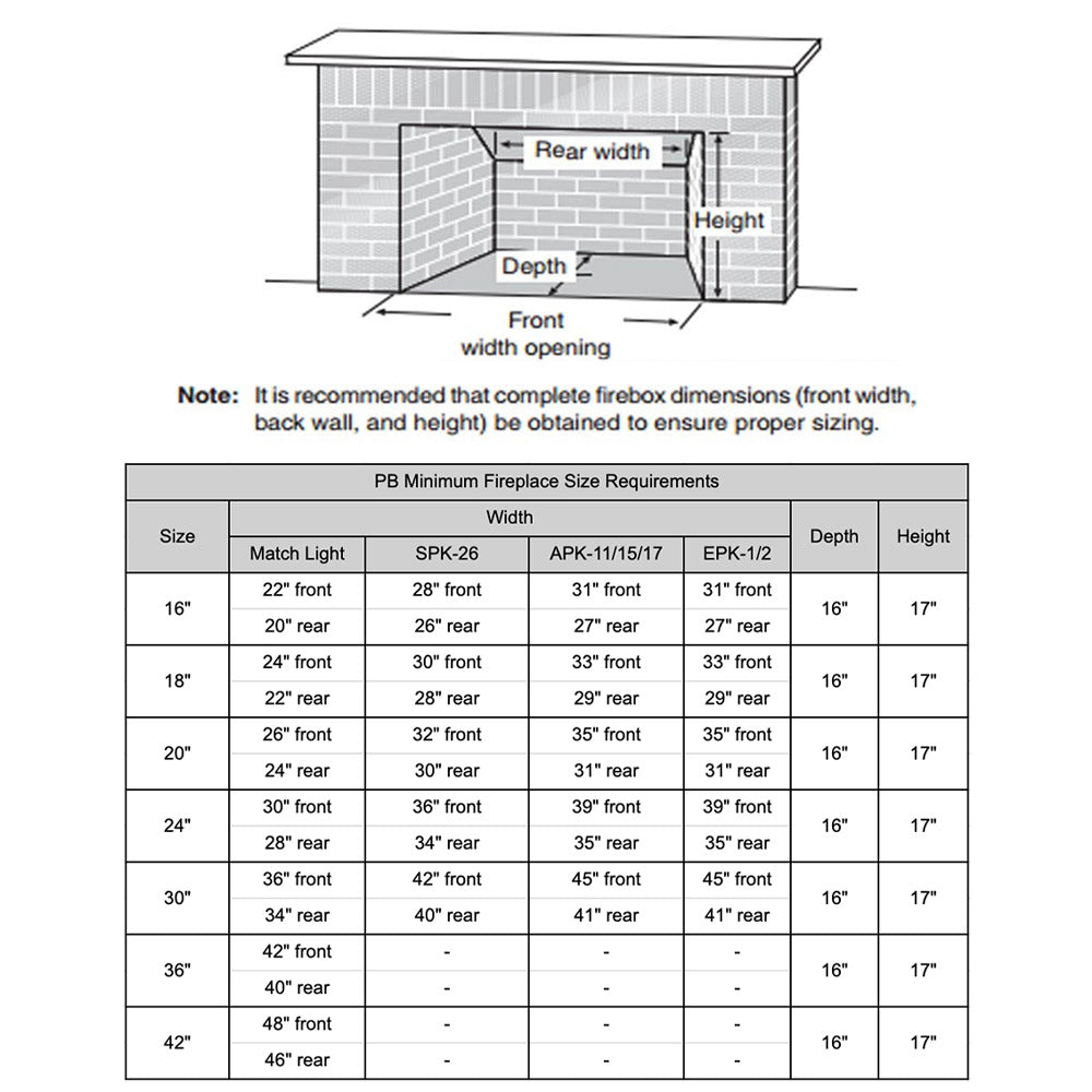 Fireplace vented burner size requirements chart with size diagram and dimensions