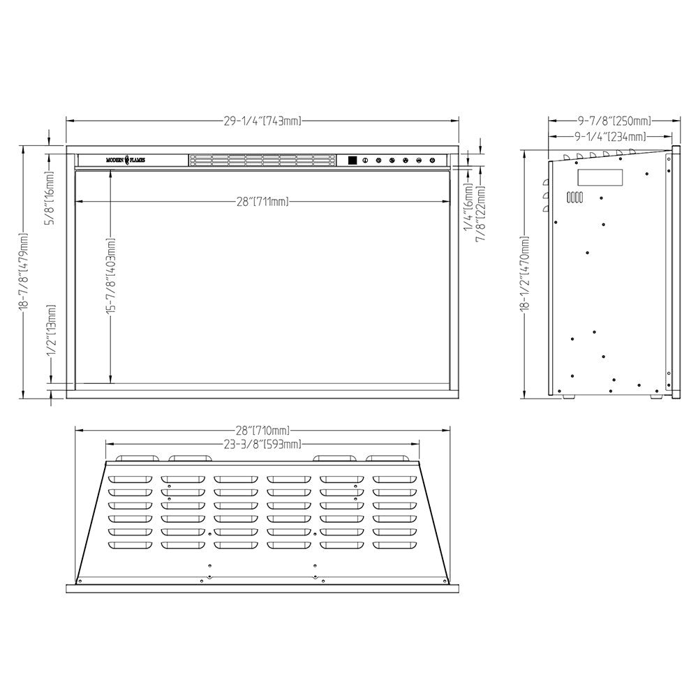 Built-in electric fireplace technical line drawing with front and rear views