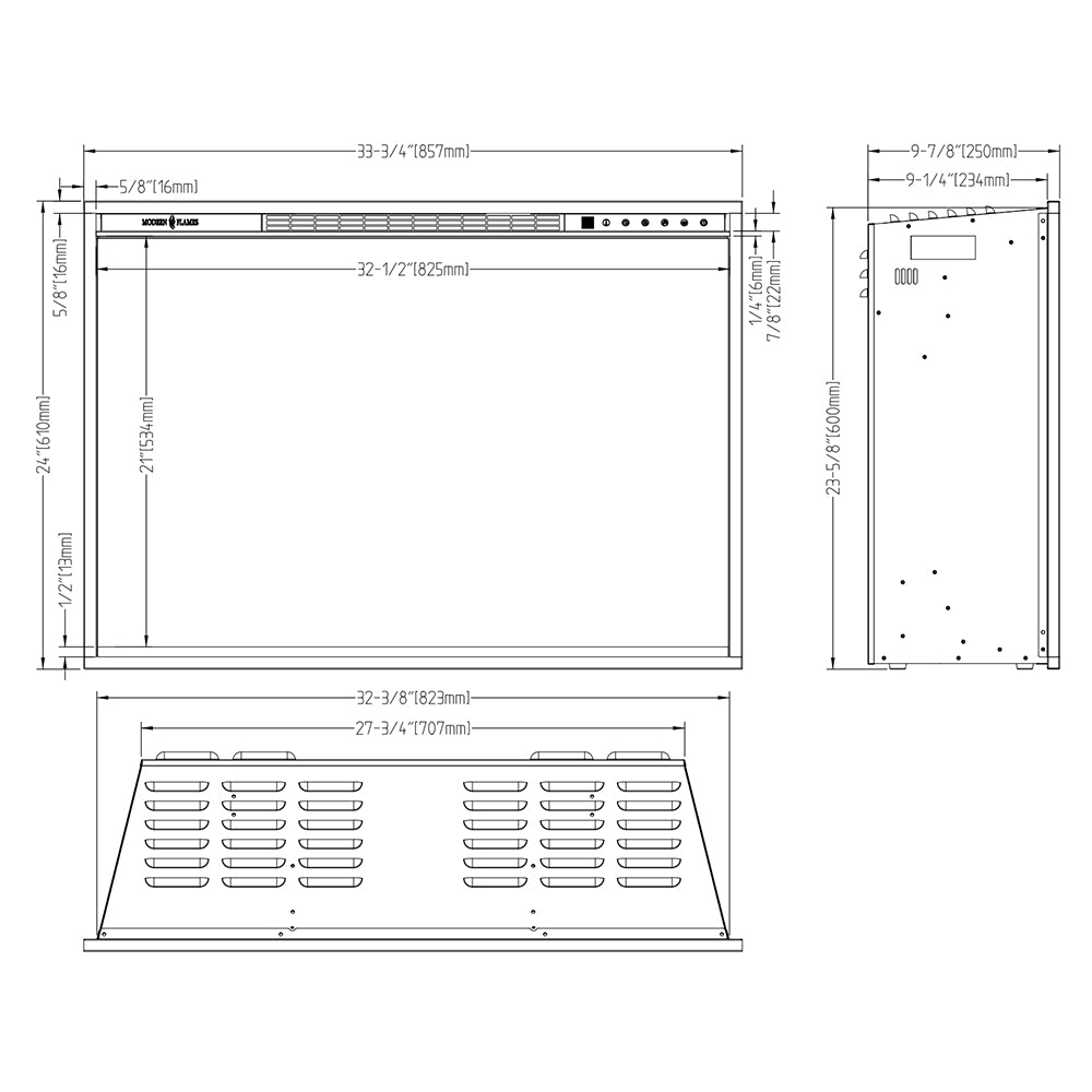 Electric fireplace insert technical drawing with vented grill and side mounting view