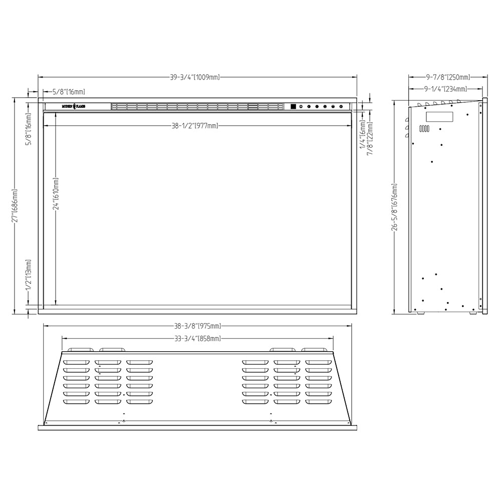 Built-in electric fireplace dimension diagram with front and side measurements