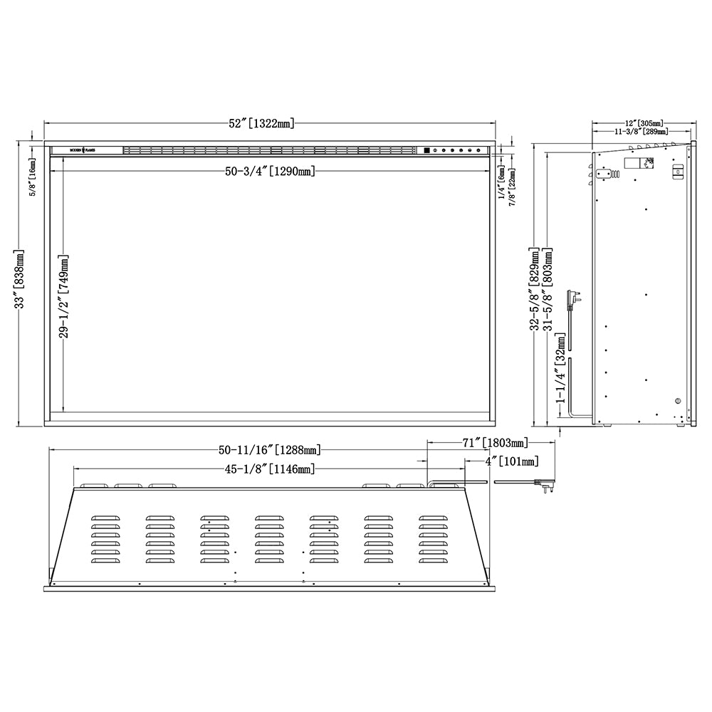 Electric fireplace mounting dimensions diagram with front and side views
