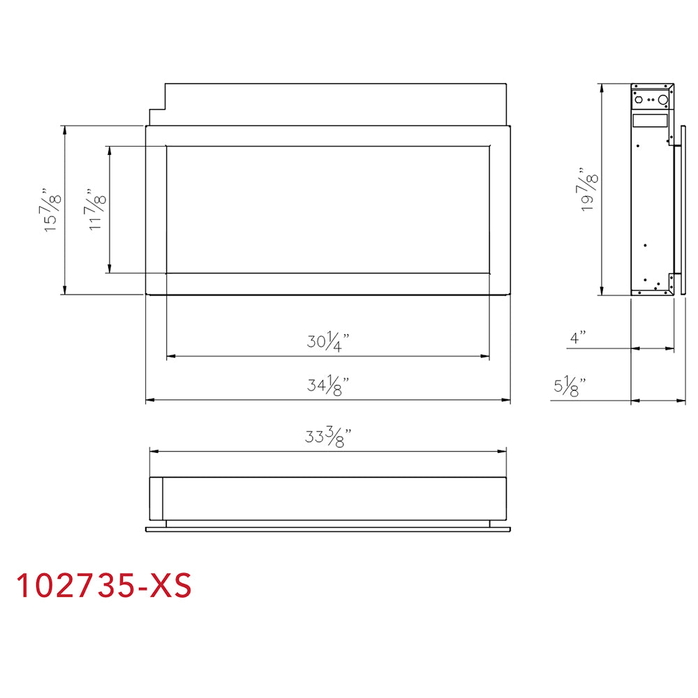 Electric fireplace dimension line drawing with side and front measurements, built-in style