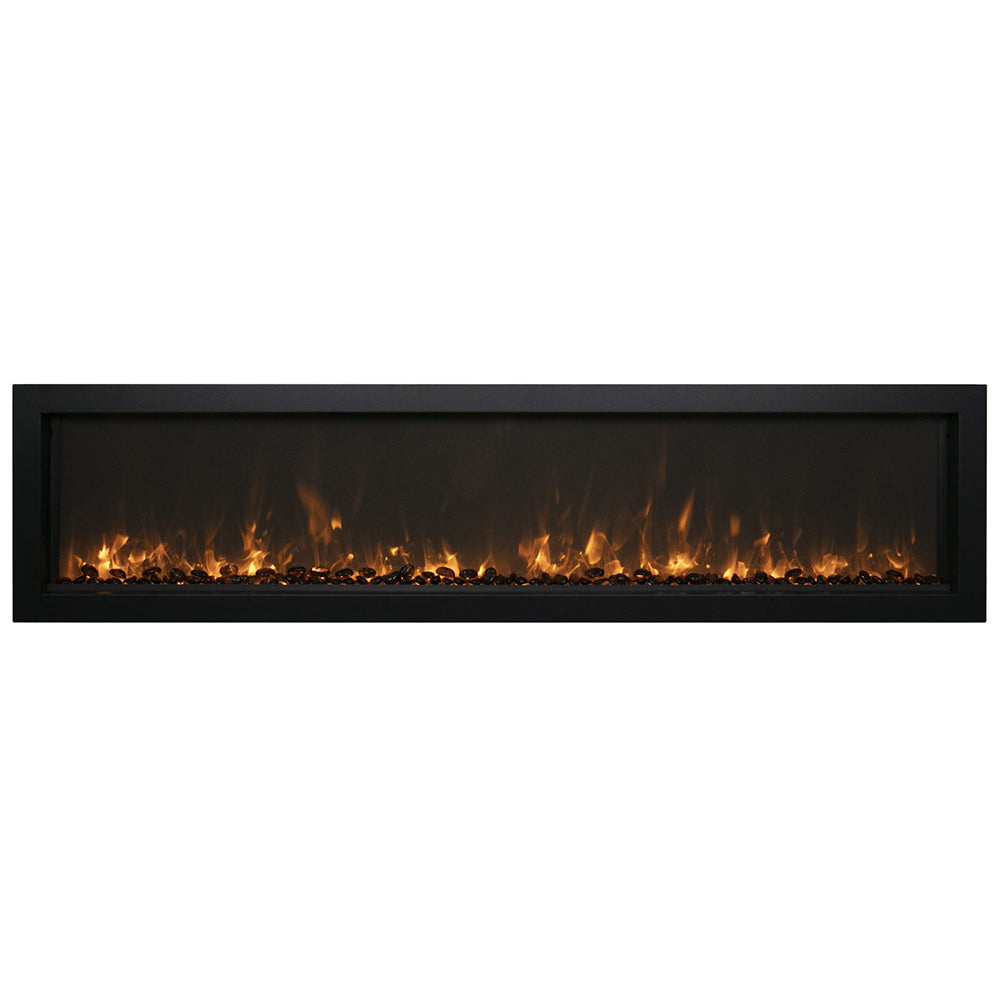 Black-framed built-in electric fireplace with glowing orange flame view in glass insert