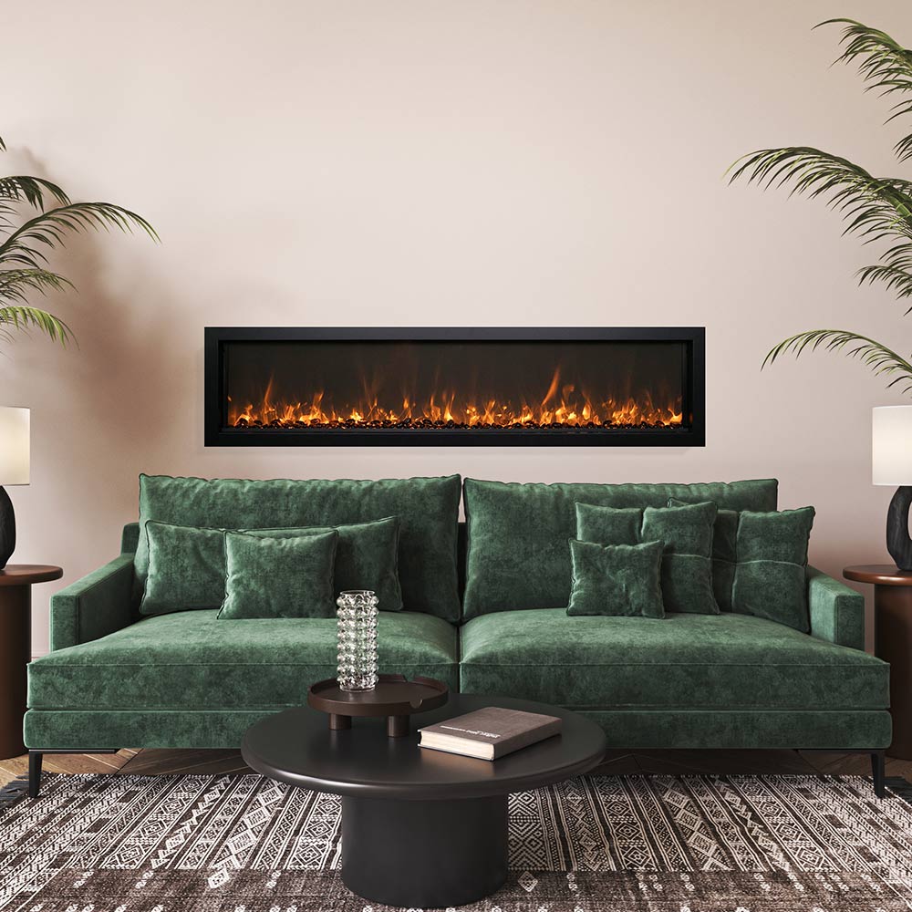 Built-in electric fireplace with black frame showing realistic orange flame