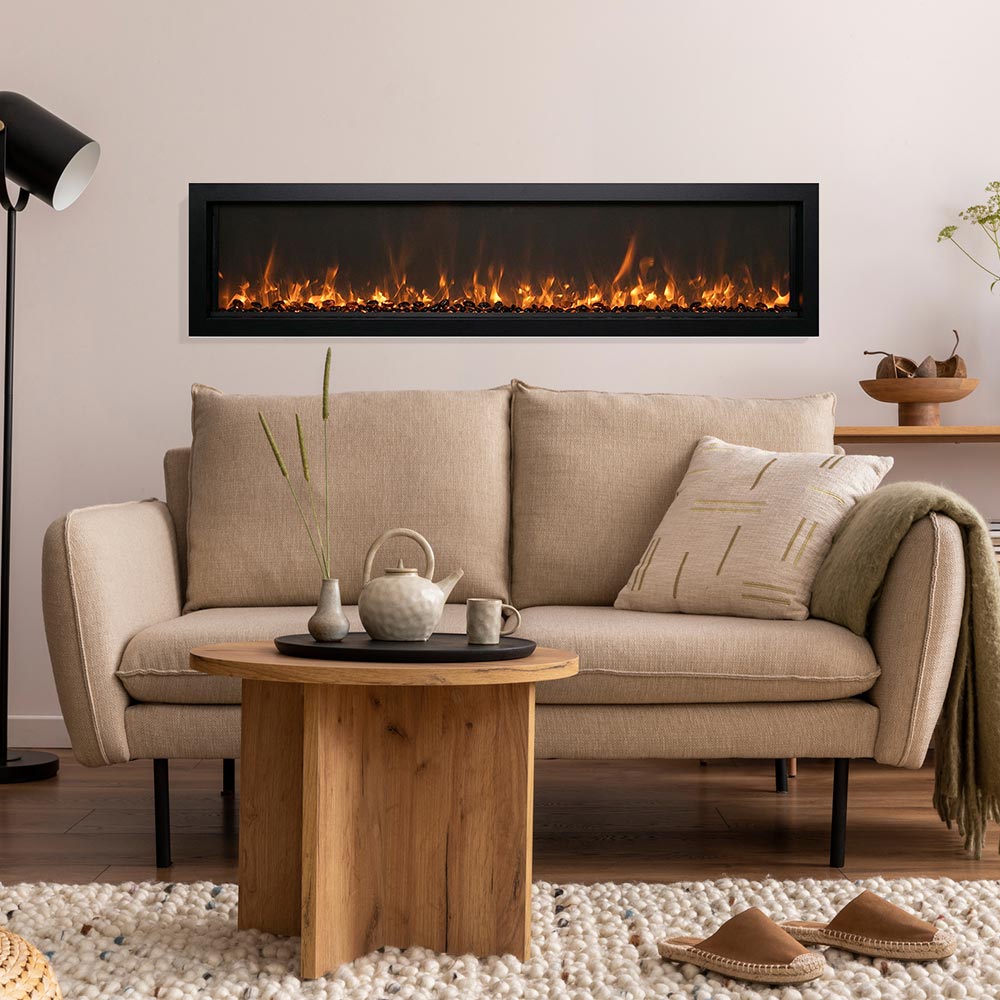 Slim black electric fireplace with centered flame screen showing orange fire