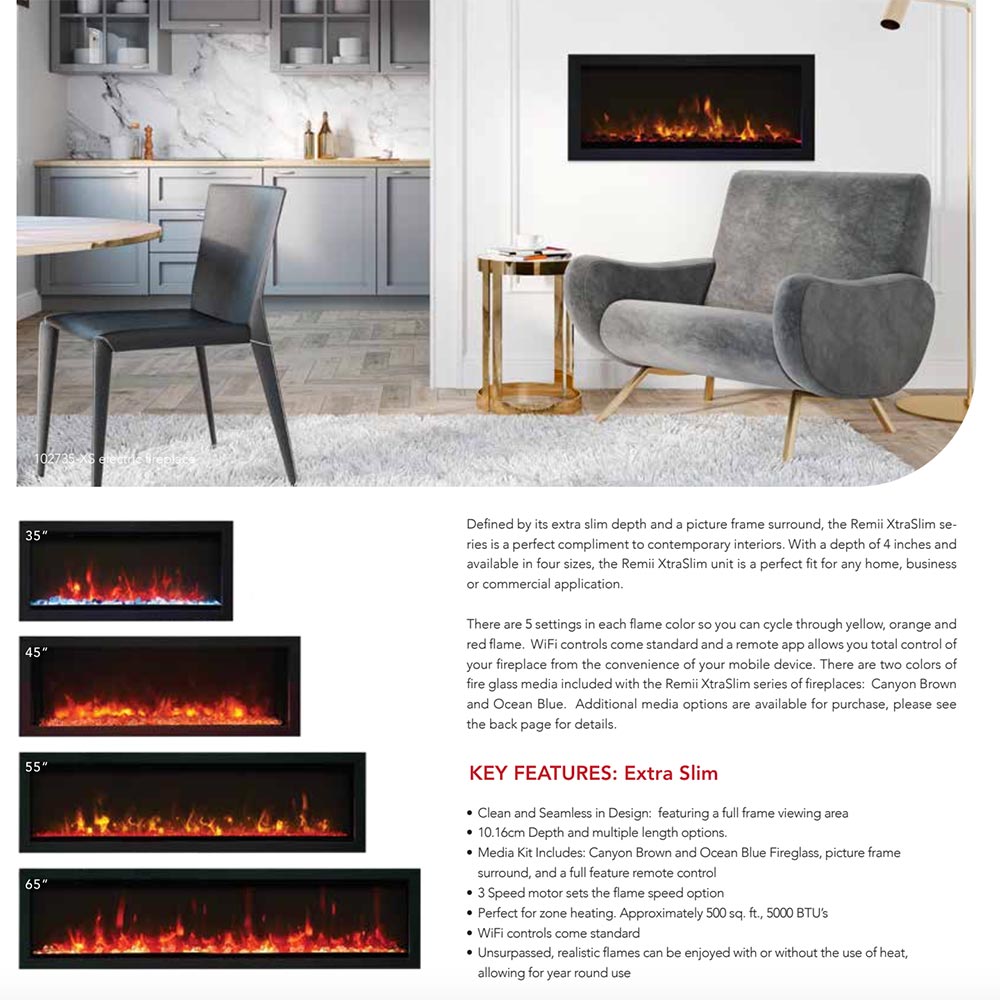 Slim black electric fireplace with flame screen displaying orange fire