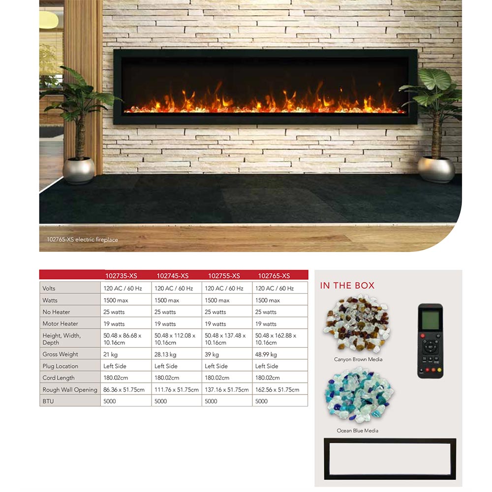 Built-in electric fireplace with black frame set into stone wall, glowing orange flames