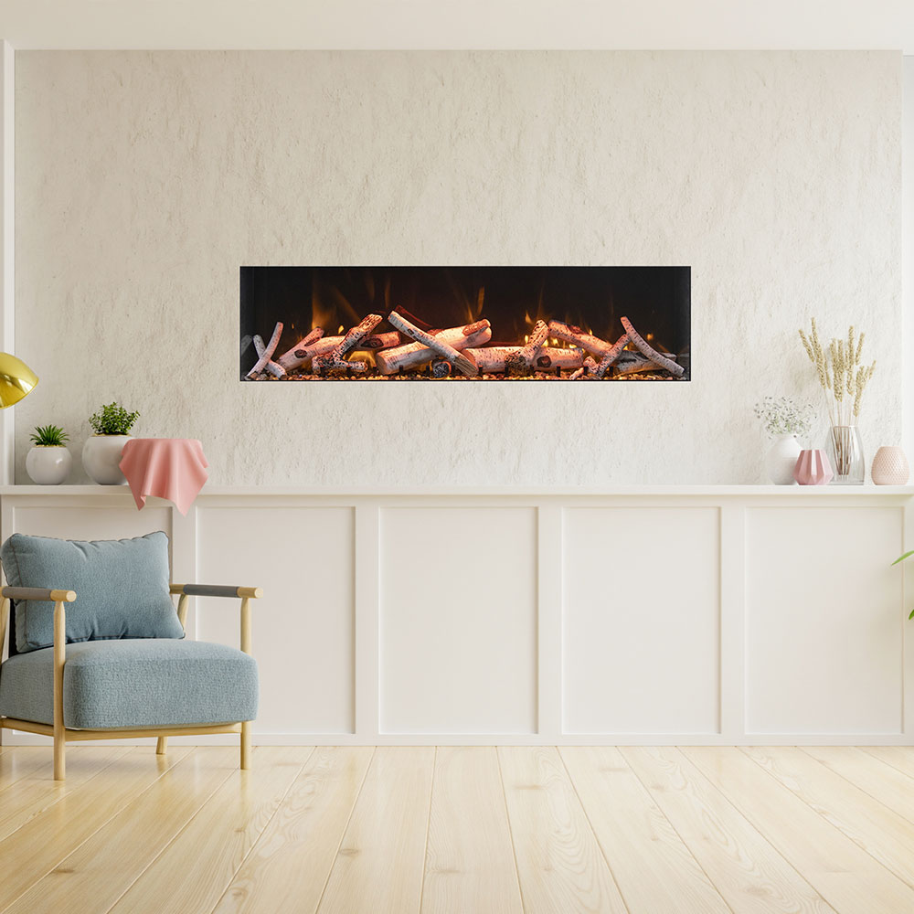 Black-framed electric fireplace insert with orange and red flame effects