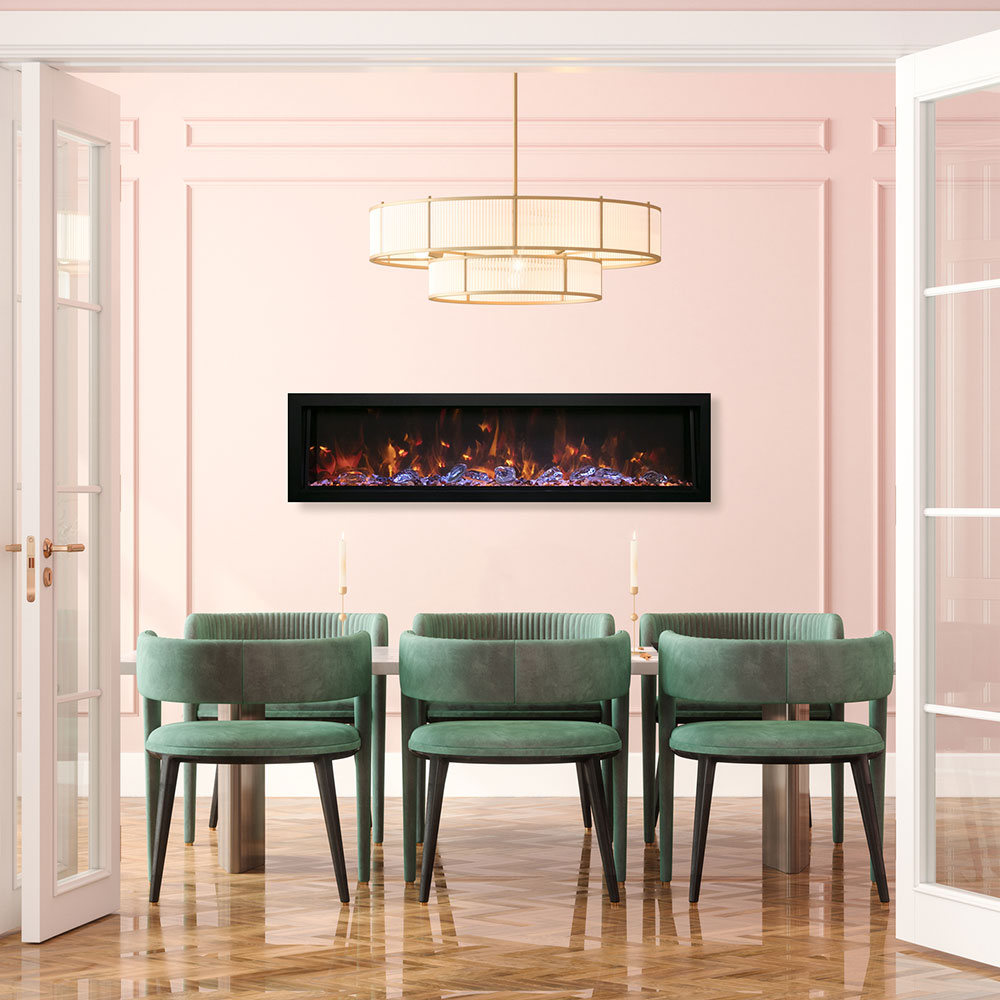 Black electric fireplace with flame display, built into a recessed wall opening