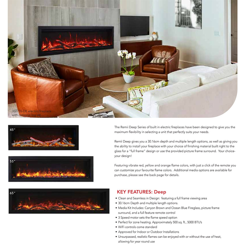 Black electric fireplace insert with flame panel set into a gray wall surround