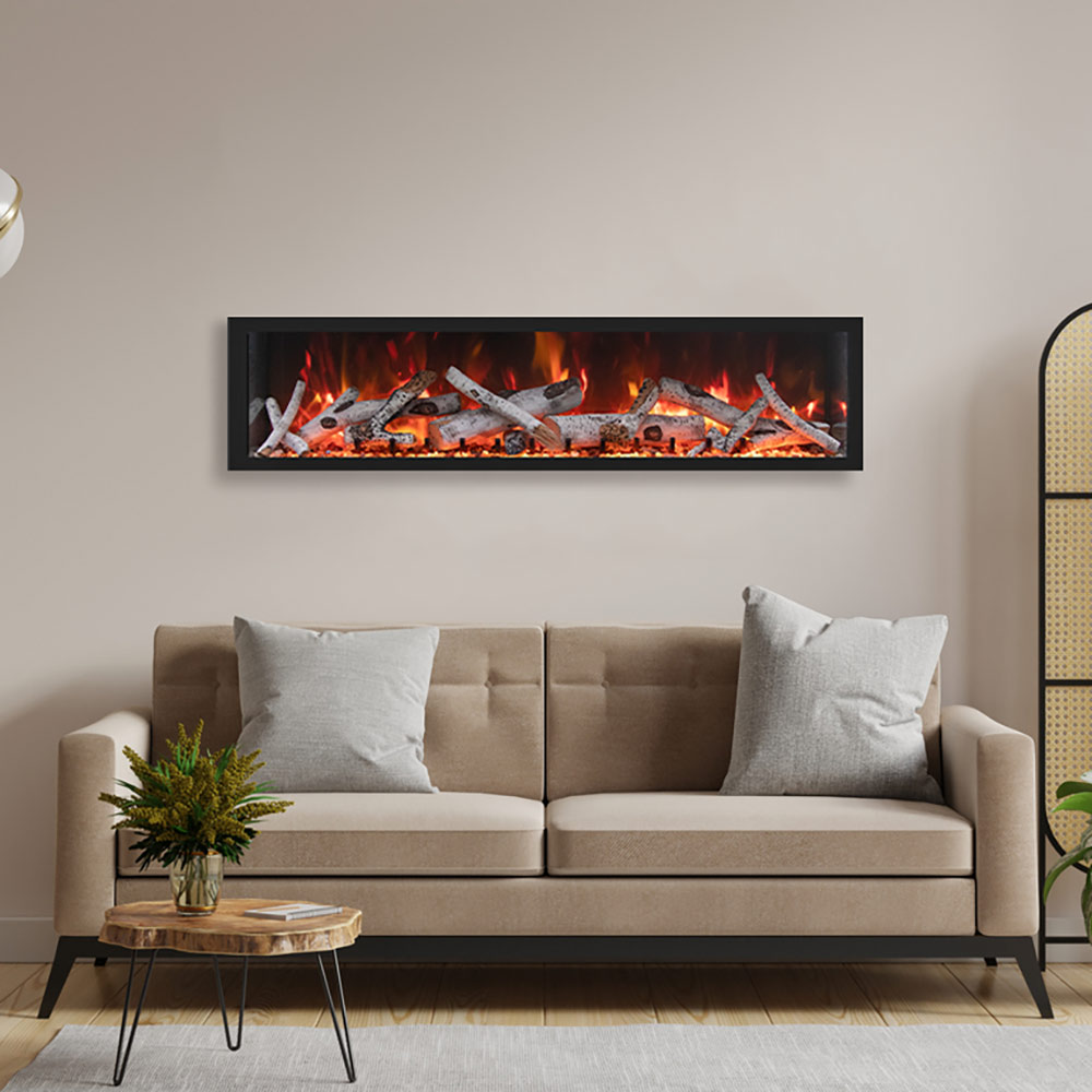 Wall-mounted electric fireplace with black surround and glowing log display