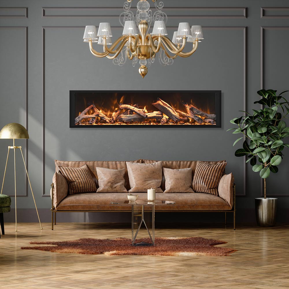 Electric fireplace with black frame and glowing logs in a living room setting