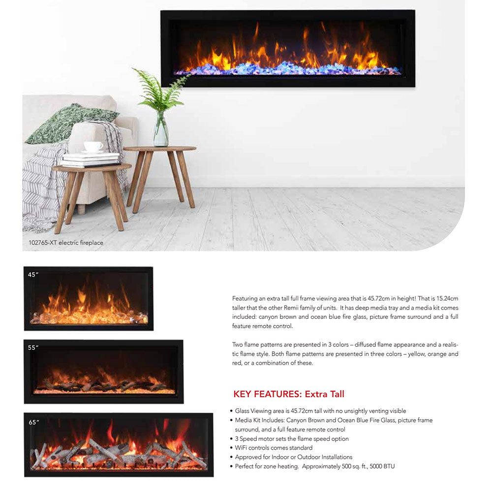 Printed product brochure page featuring an electric fireplace with flame image