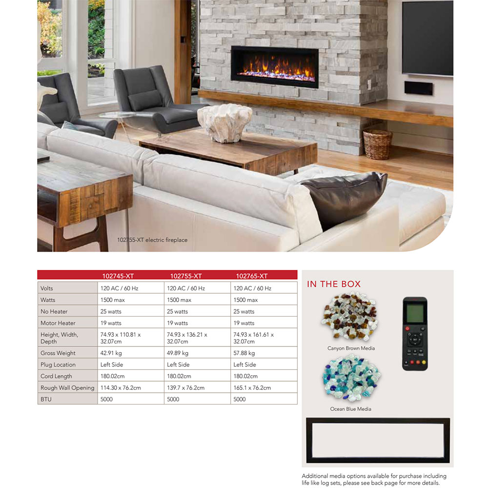 Electric fireplace in living room with remote control and in-box details shown