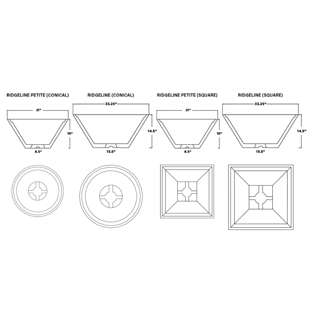 Fire pit design diagram showing square ridgeline dimensions and burner configuration views