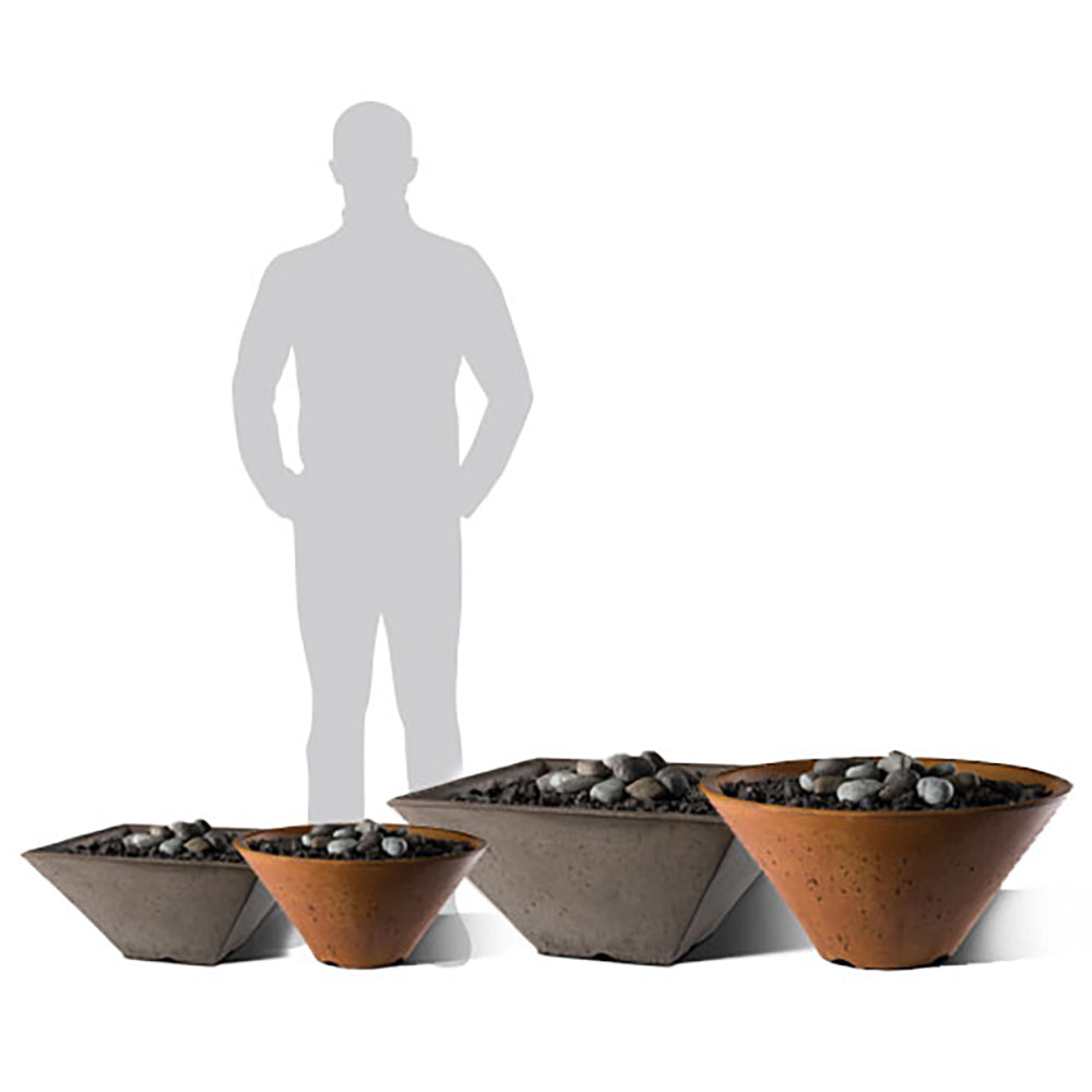 Three round fire pit bowls with stone inserts and dark interiors in different finishes