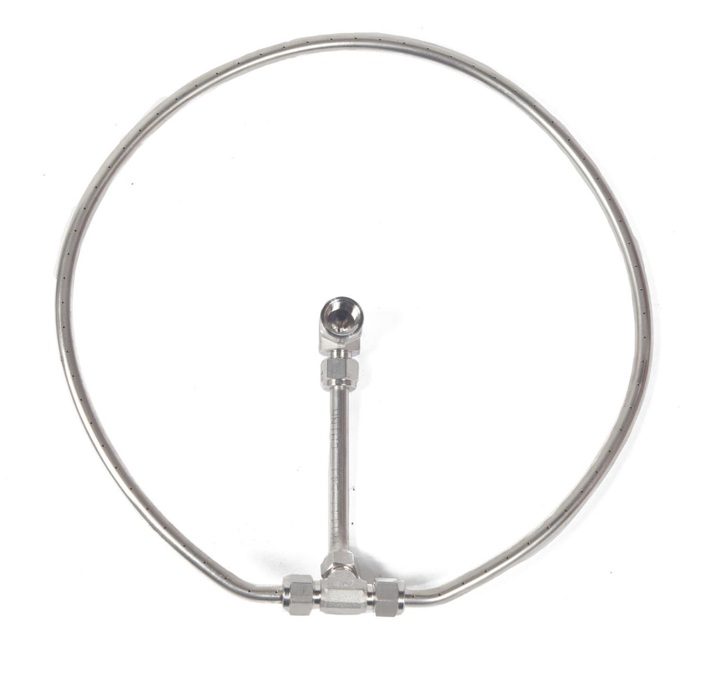 Gas fire manifold hose ring with central metal fitting and threaded connectors