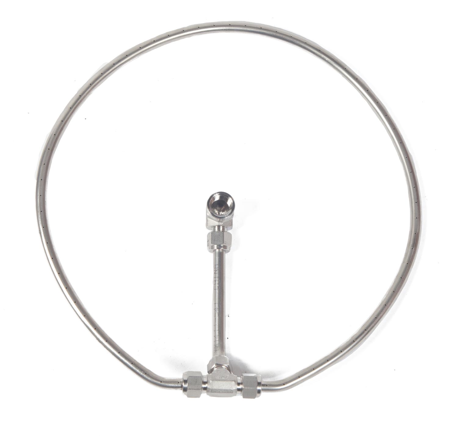 Gas fire manifold hose ring with central metal fitting and threaded connectors