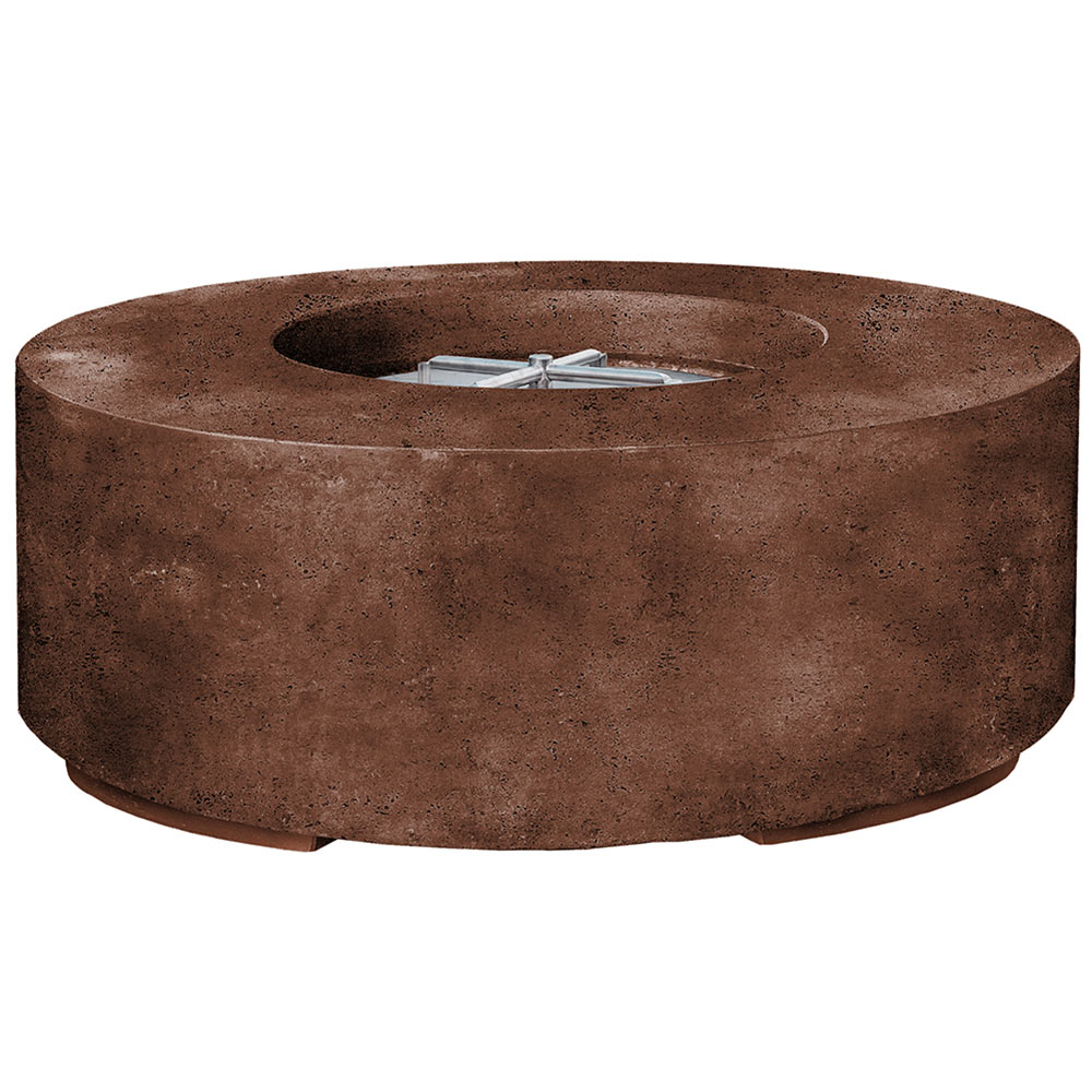 Round concrete gas fire pit with central burner opening in brown finish