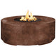 Round concrete gas fire pit with burning flames, brown finish