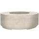 Round concrete gas fire pit with circular burner opening and light beige finish