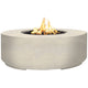Round concrete gas fire pit with flame, light gray body and open circular top