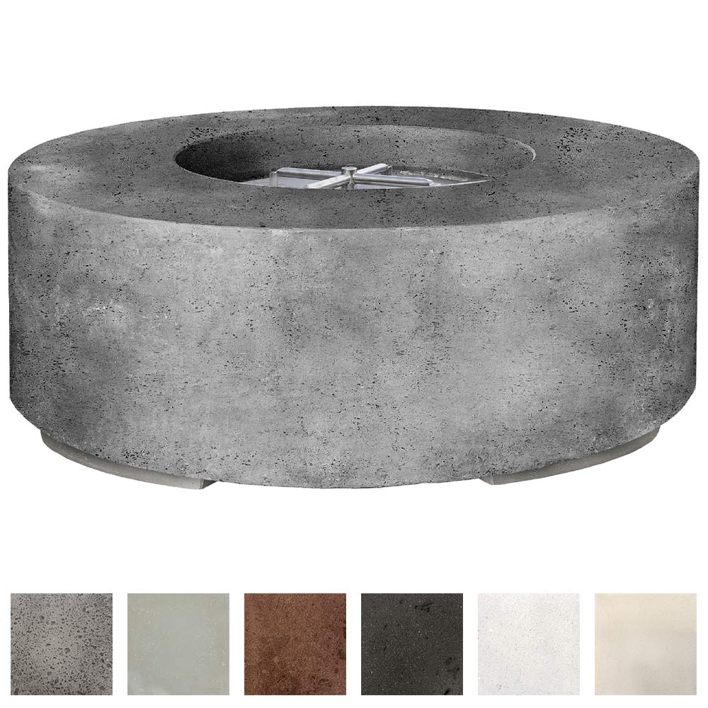 Round concrete gas fire pit with central burner opening in gray finish